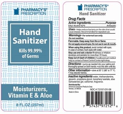 Pharmacy's Prescription 8 Oz Hand Sanitizer (72197 011 08 8 Oz Hand Sanitizer)